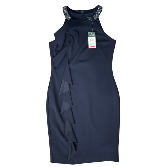 Lauren Ralph Lauren Navy Blue Beaded Halter Ruffle Sheath Dress size 10 NEW Tags - Picture 12 of 13